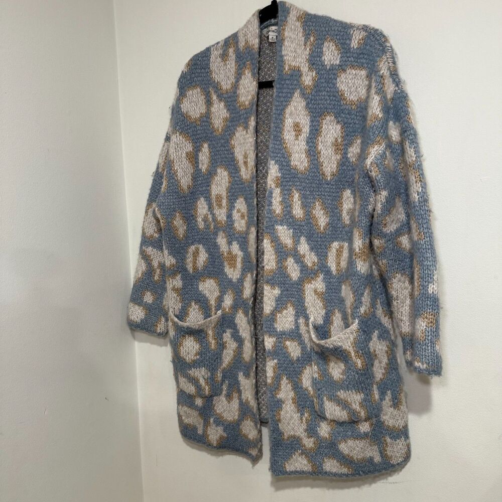 Davi & Dani Leopard Open Front Long Sleeve‎ Cardigan Pockets Shimmer Womens M